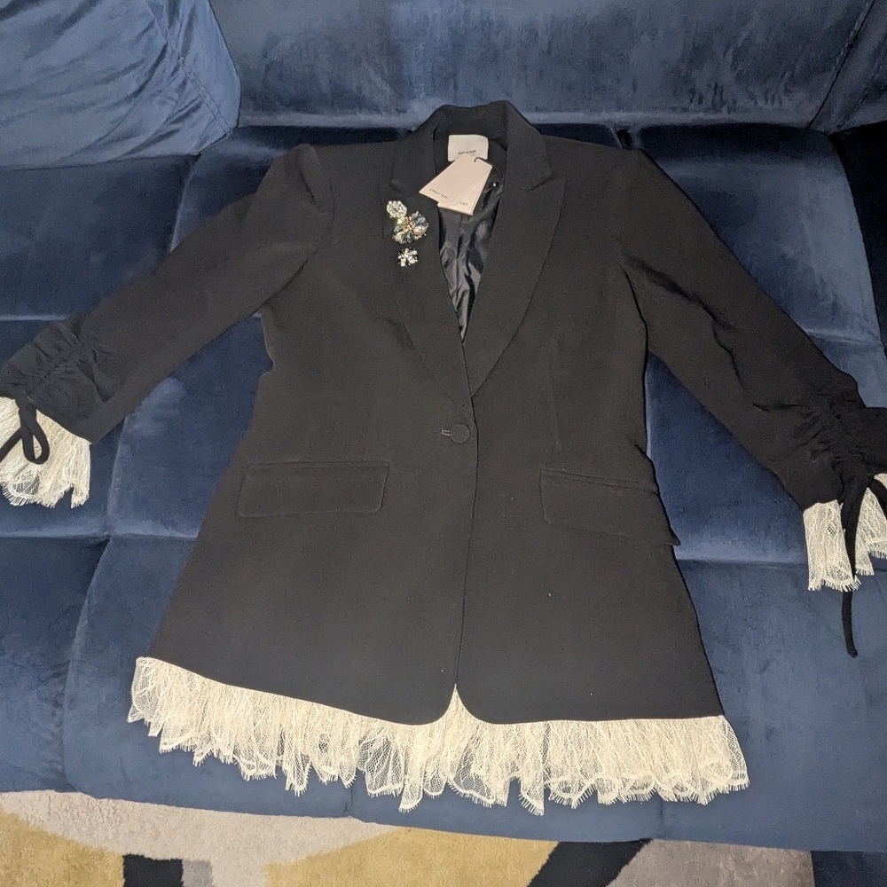 Cinq à Sept Black Blazer with Cream Fringe